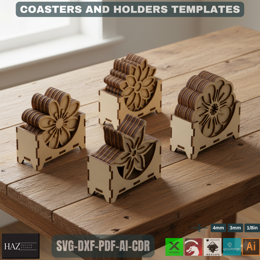 Floral Coaster Designs with Holder / Digital File for Laser Cutting / Decorative Coaster and Box Bundle 483