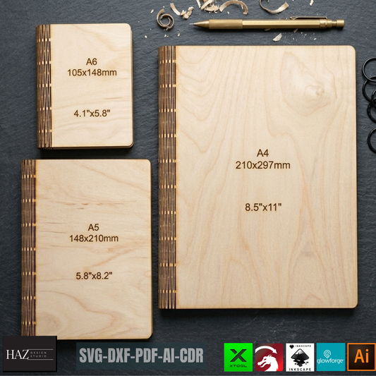 Wooden Laser Cut Book Cover Templates A4 A5 A6 Living Hinge Journal Notebook Case Design