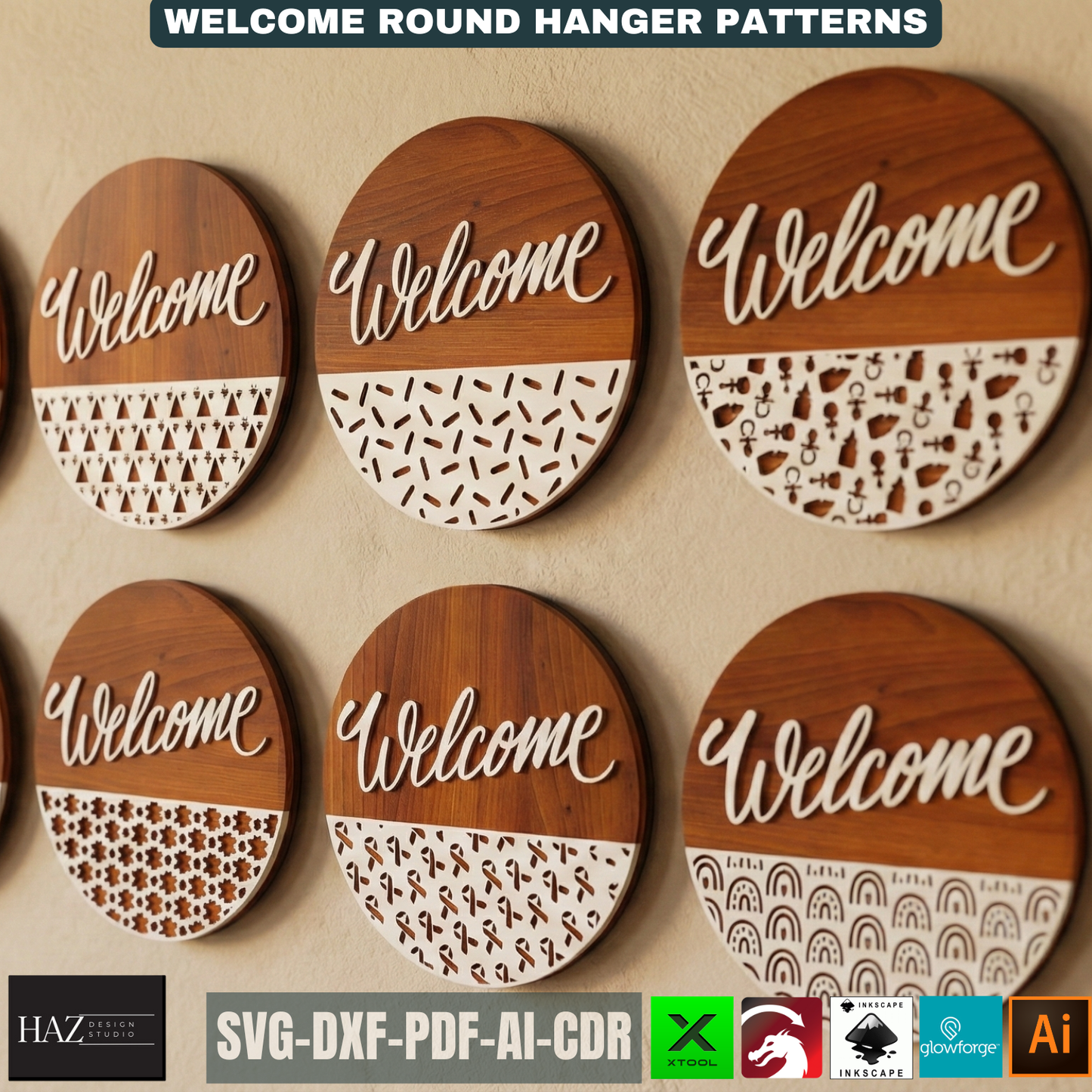 Round Welcome Sign Bundle Laser Cut Door Hanger Patterns, Front Door Decor Templates, Circle Wall Art Designs For Woodworking Projects 510
