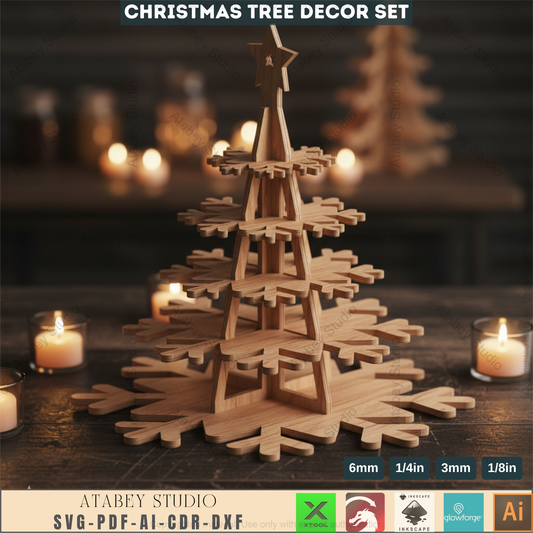 3D Christmas Snowflake Tree Decor Template for Laser Cutting | Standing Holiday Ornament Design for Glowforge, xTool, Lightburn Machines 965