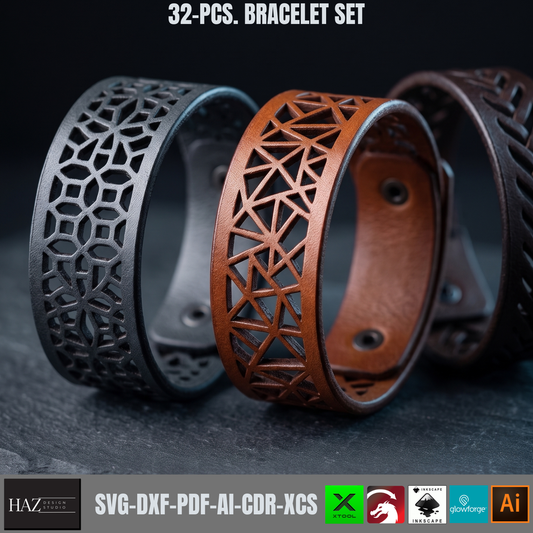 32 Pcs Leather Cuff Bracelet SVG Bundle, Laser Cut Templates , Geometric Pattern Wristband