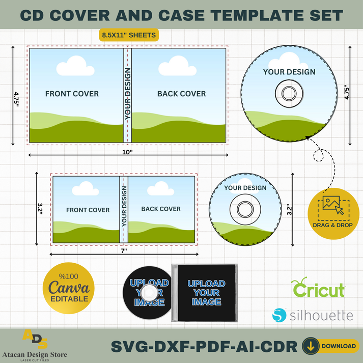 CD cover & case Template Set | 8.5x11" Editable svg, PDF, ai, DXF | Ca ...