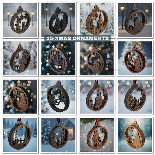 15 Layered Christmas Ornament Laser Cut Designs | Round Xmas Pendant Templates for DIY Holiday Decoration 486