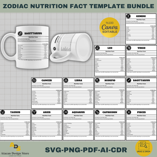 Astrology Nutrition Facts Template Bundle | 12 Editable Zodiac Signs for Mugs, Gifts & More | Digital Download 745