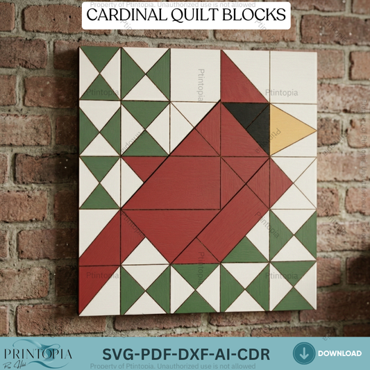 Geometric Cardinal Bird Barn Quilt Block Pattern, Rustic Wooden Wall Art Laser Cut Template 337