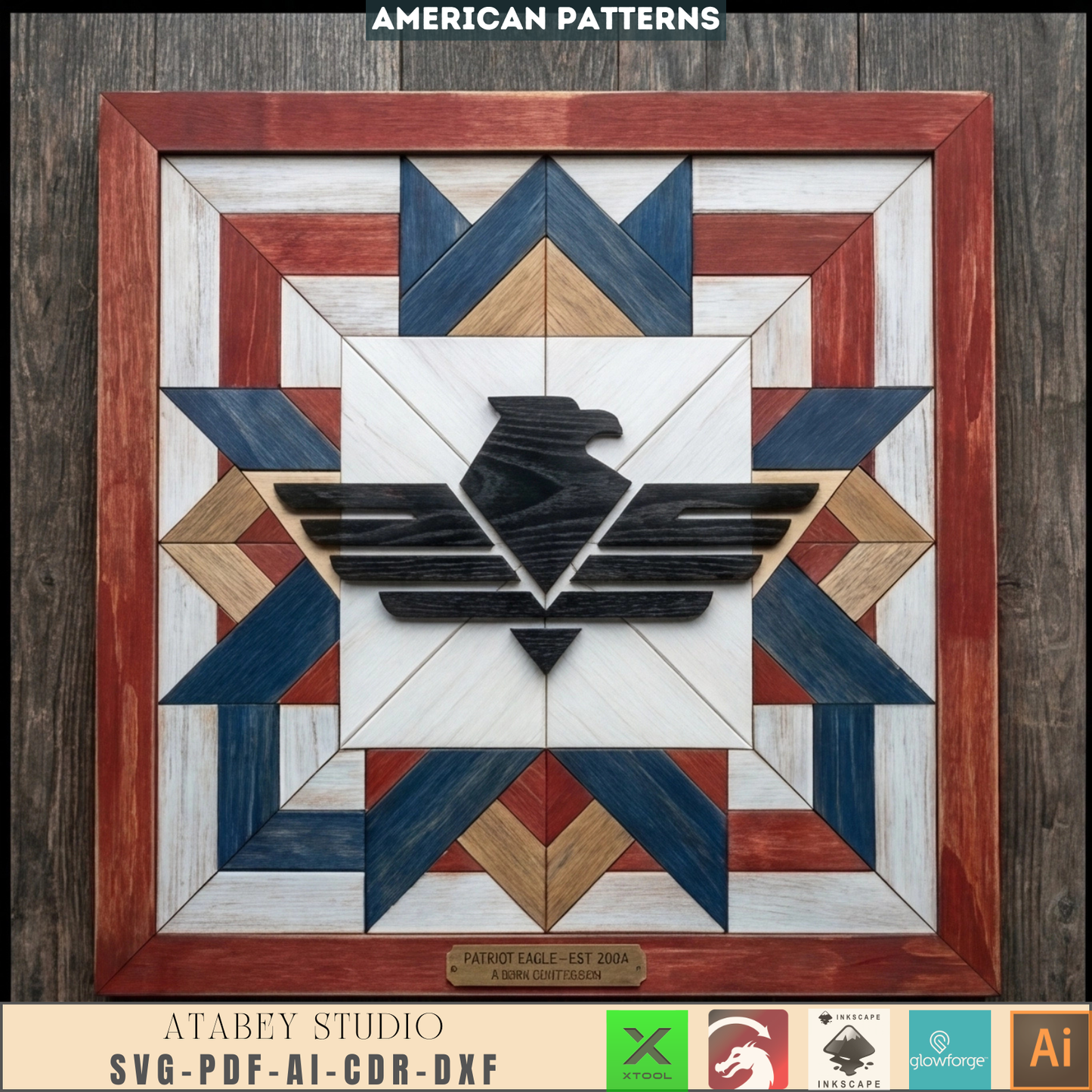 Patriot Eagle Wood Barn Star Quilt Wall-Art American Flag Pattern Mosaic Plywood Block Sign