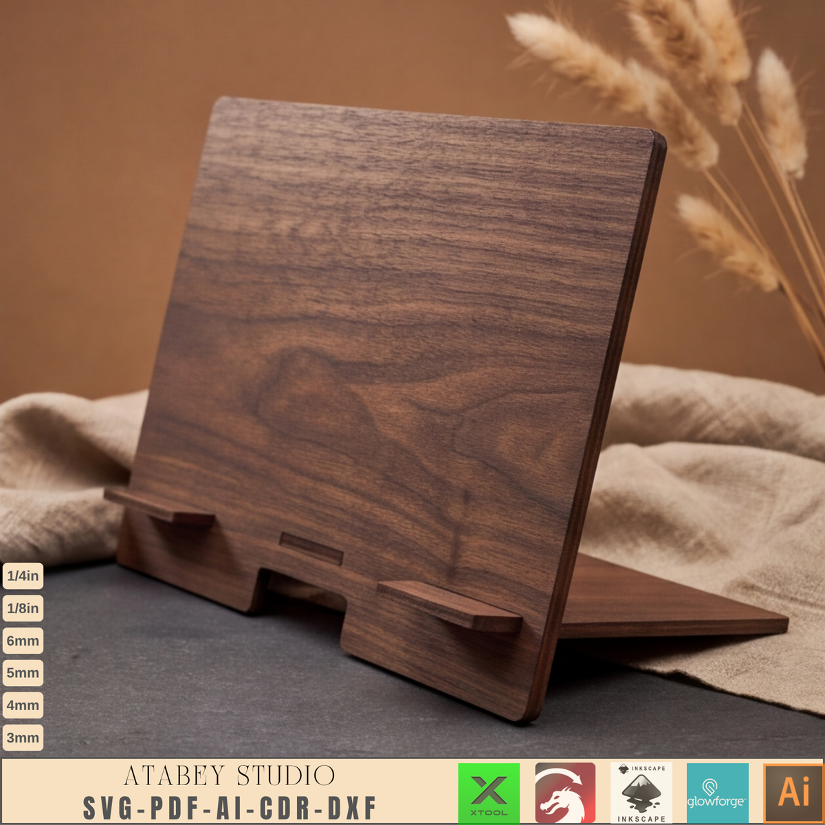 Laser Cut Tablet Stand Template, Plywood iPad Holder, Minimalist Wood Desk Display, Cookbook Stand 1031