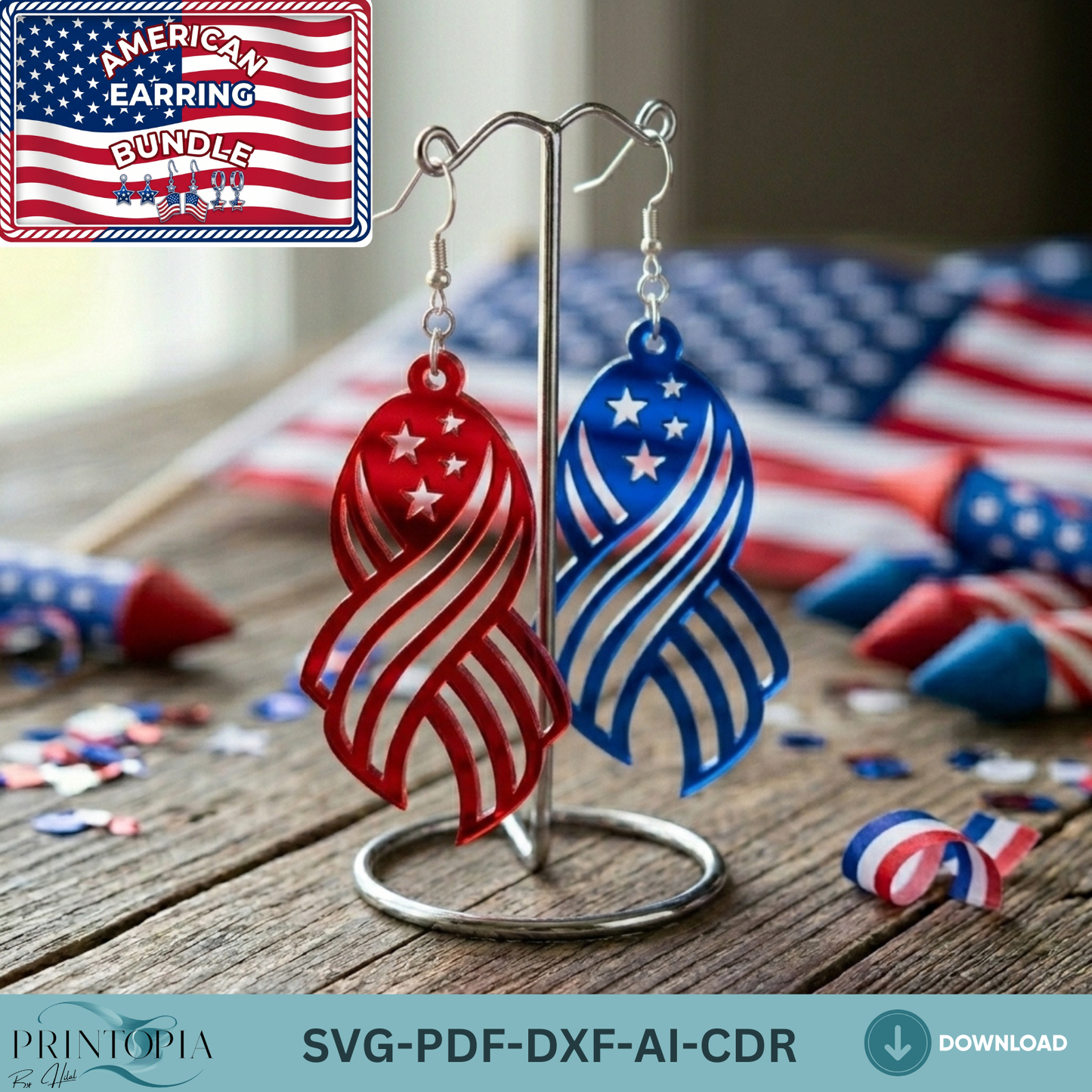Patriotic Earring SVG Bundle, 4th of July Laser Cut File, USA Flag Acrylic Earrings DXF