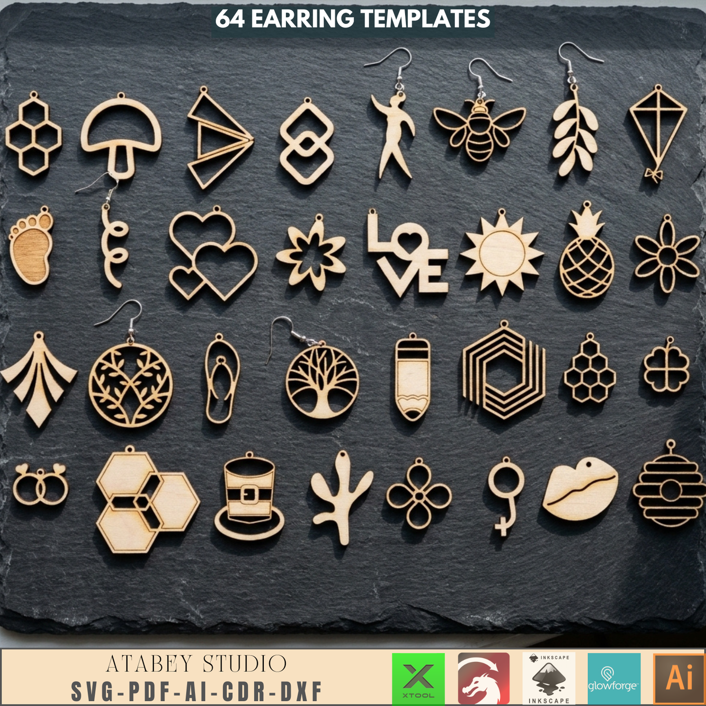 64 Earring Bundle Jewelry Making Templates DIY Wood Earrings Geometric Nature Shapes Floral Pattern