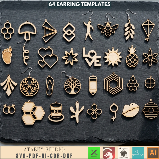 64 Earring Bundle Jewelry Making Templates DIY Wood Earrings Geometric Nature Shapes Floral Pattern