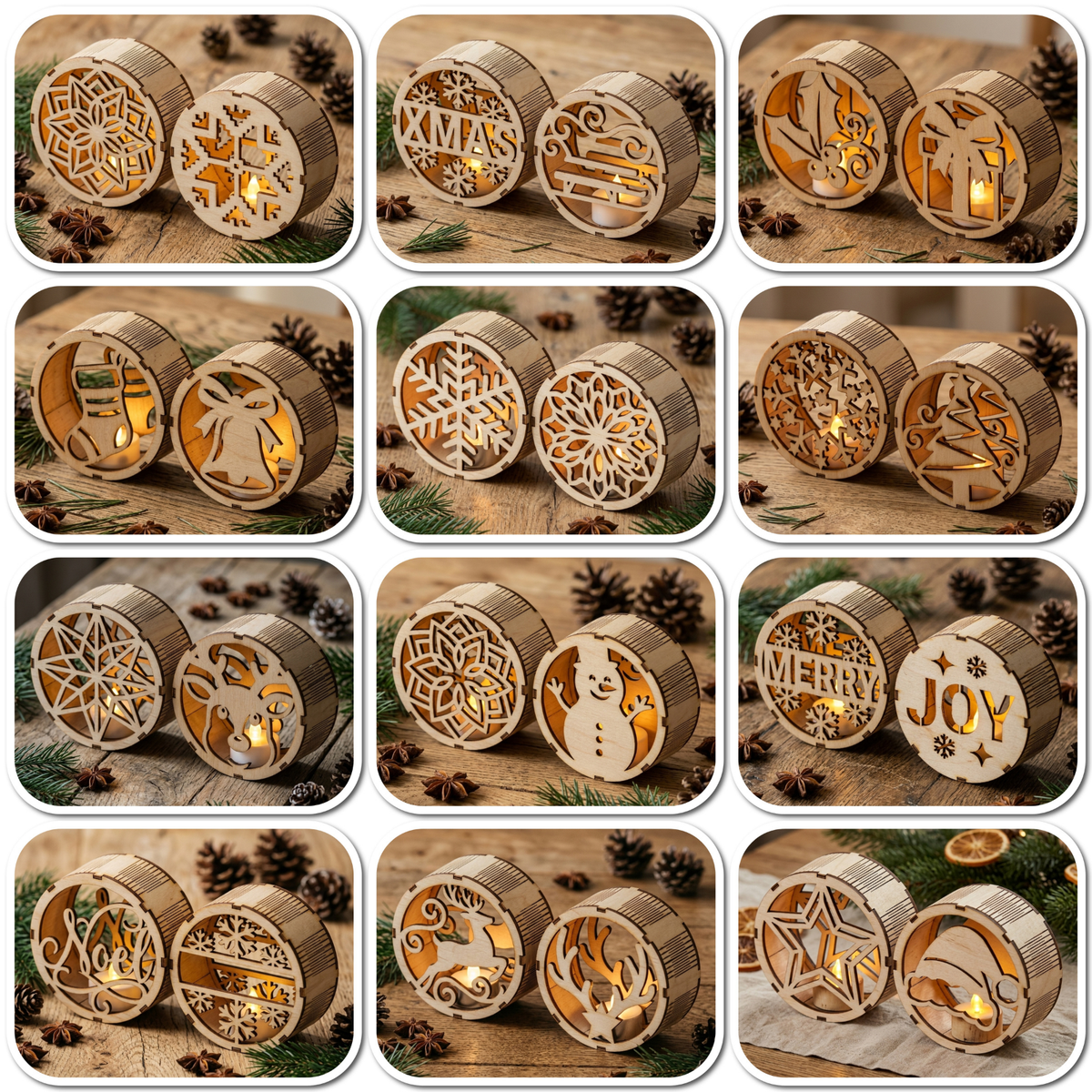 Laser Cut Christmas Night Light Bundle, Round Wooden Lanterns, DIY Holiday Candle Holder Designs 380