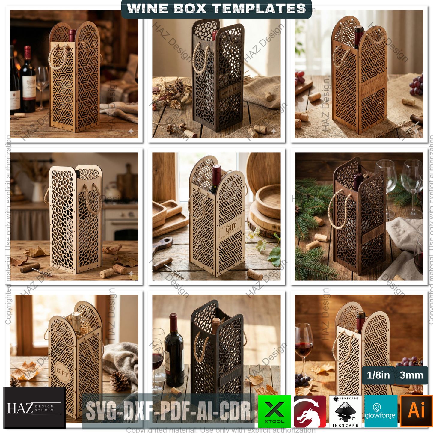 Laser Cut Wooden Wine Bottle Gift Box Bundle for DIY, Elegant Wine Carrier Templates for Laser Cutting Projects 512