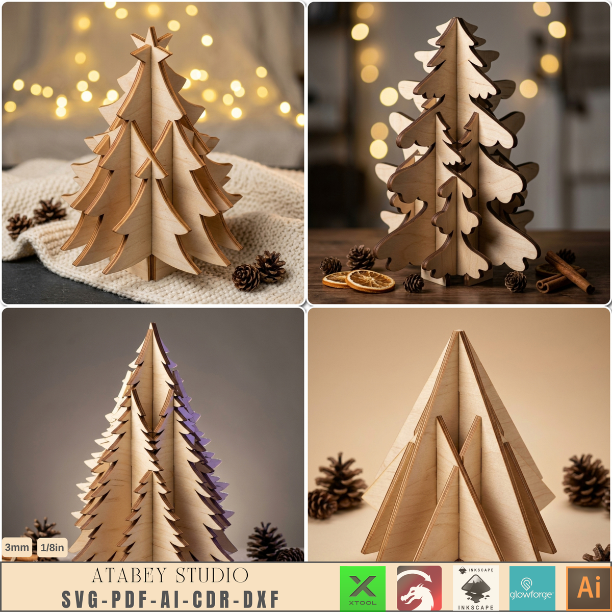 Plywood Christmas Tree Laser Cut File 3D Stand-Up Holiday Wood Decor DIY 1027