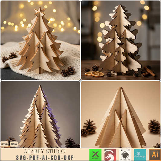 Plywood Christmas Tree Laser Cut File 3D Stand-Up Holiday Wood Decor DIY 1027
