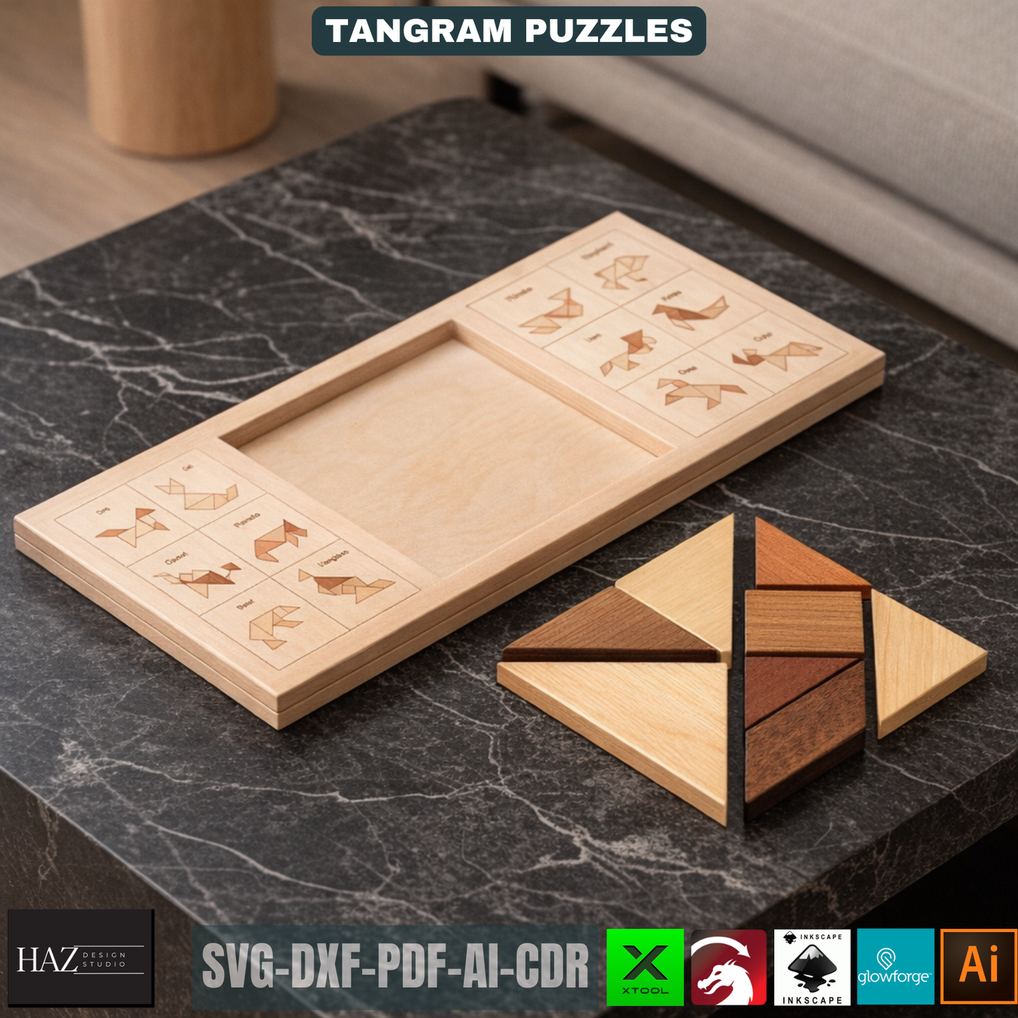 Tangram Wooden Puzzle Laser Cut Pattern Animal Shapes Intelligence Game Montessori Educational Toy for Kids DIY 516