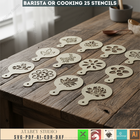 Professional Barista Stencil Set for Latte Art, Creative Kitchen Templates, DIY Coffee Design Patterns for Laser Cutting 955
