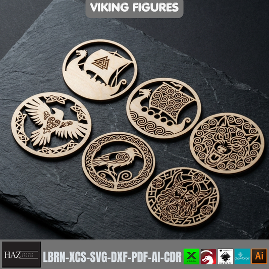 Viking Figures Laser Cut Round Coaster Wood Cutting Template SVG Files