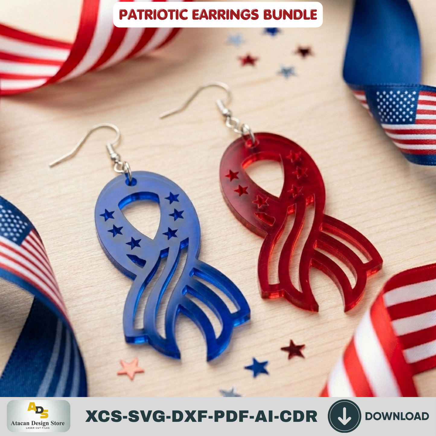 Patriotic Earrings Laser Cut Bundle, 4th of July USA Flag Acrylic Jewelry Template, Veteran Gift Design