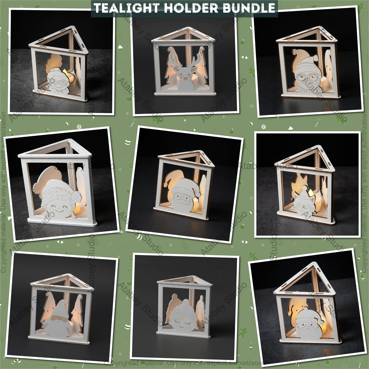 Christmas Tealight Holder Bundle Laser Cut Files, Cute Santa Reindeer Gnome Lanterns, Triangle Candle Box 982