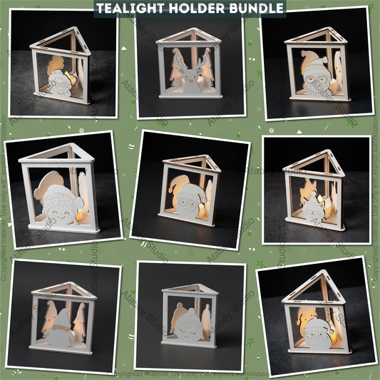 Christmas Tealight Holder Bundle Laser Cut Files, Cute Santa Reindeer Gnome Lanterns, Triangle Candle Box 982