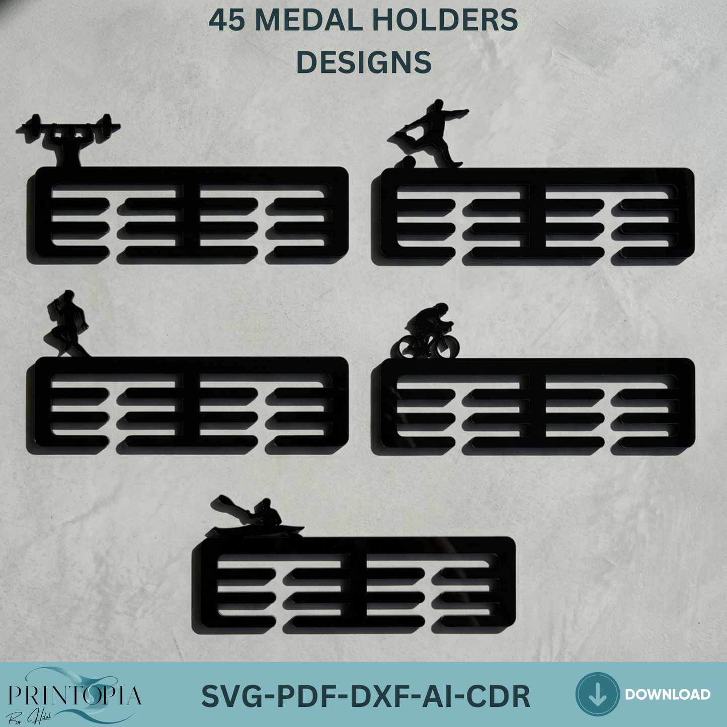 45 Medal Holder Designs SVG Bundle, Acrylic Sport Awards Hanger Templates, Trophy Medals Rack,