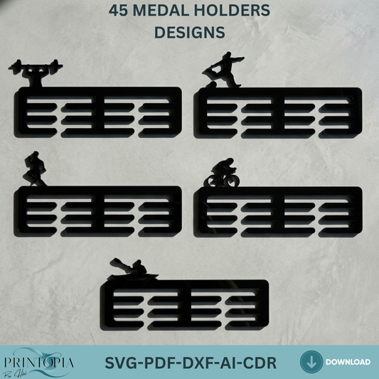 45 Medal Holder Designs SVG Bundle, Acrylic Sport Awards Hanger Templates, Trophy Medals Rack,