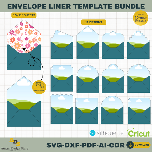 DIY Envelope Liner Kit, Editable Canva & SVG Templates for Wedding Invitations, Cricut Cut File, US Letter Size Printable Stationery