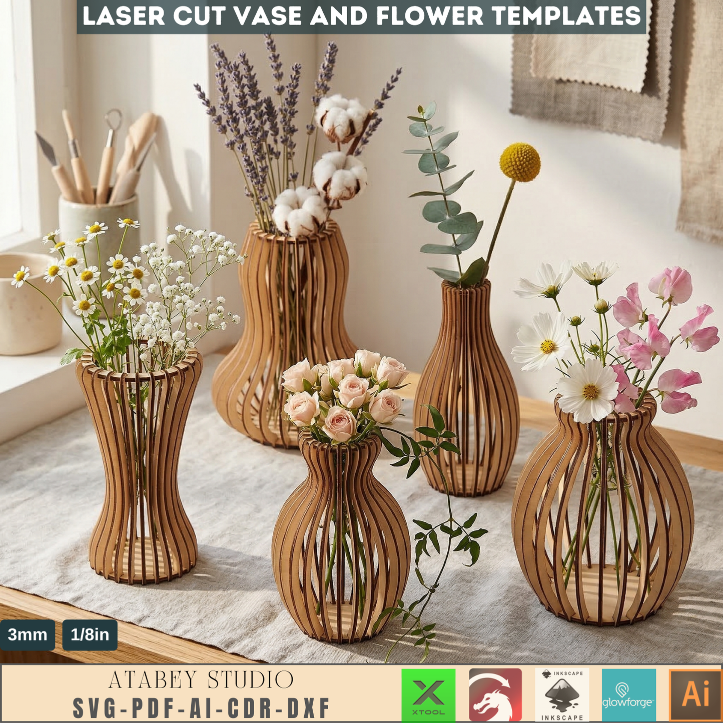 Vases and Wildflower Templates, Layered Floral Table Decor Cutting Files, Wood Flower Bouquet 998