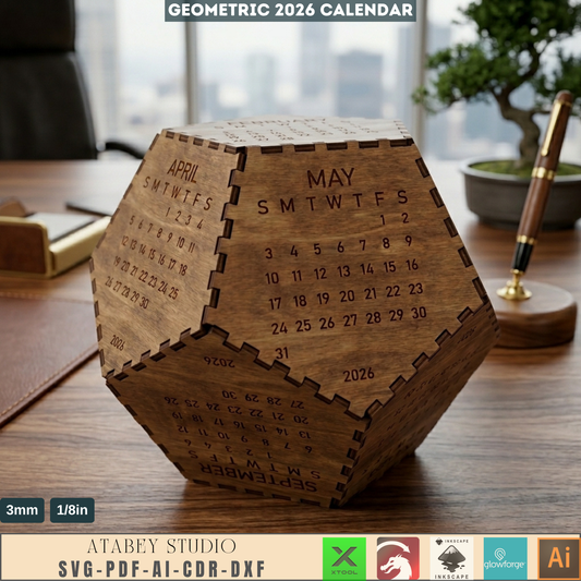 2026 Dodecahedron Desk Calendar LaserCut Wooden Geometric 12 Sided Calendar 3D Desktop Decor