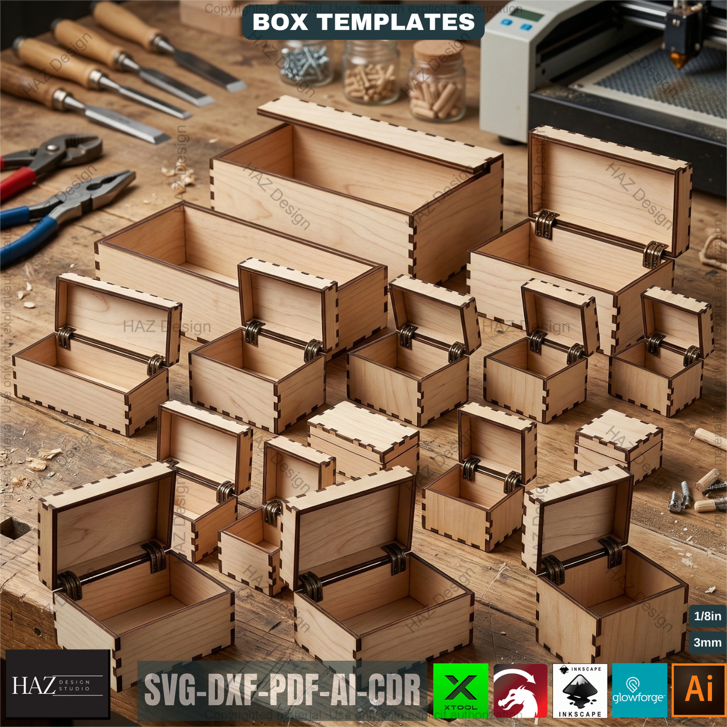 Box Laser Cut Pattern Bundle Hinged Keepsake Jewelry Box Digital Craft Design Custom Storage Case 523