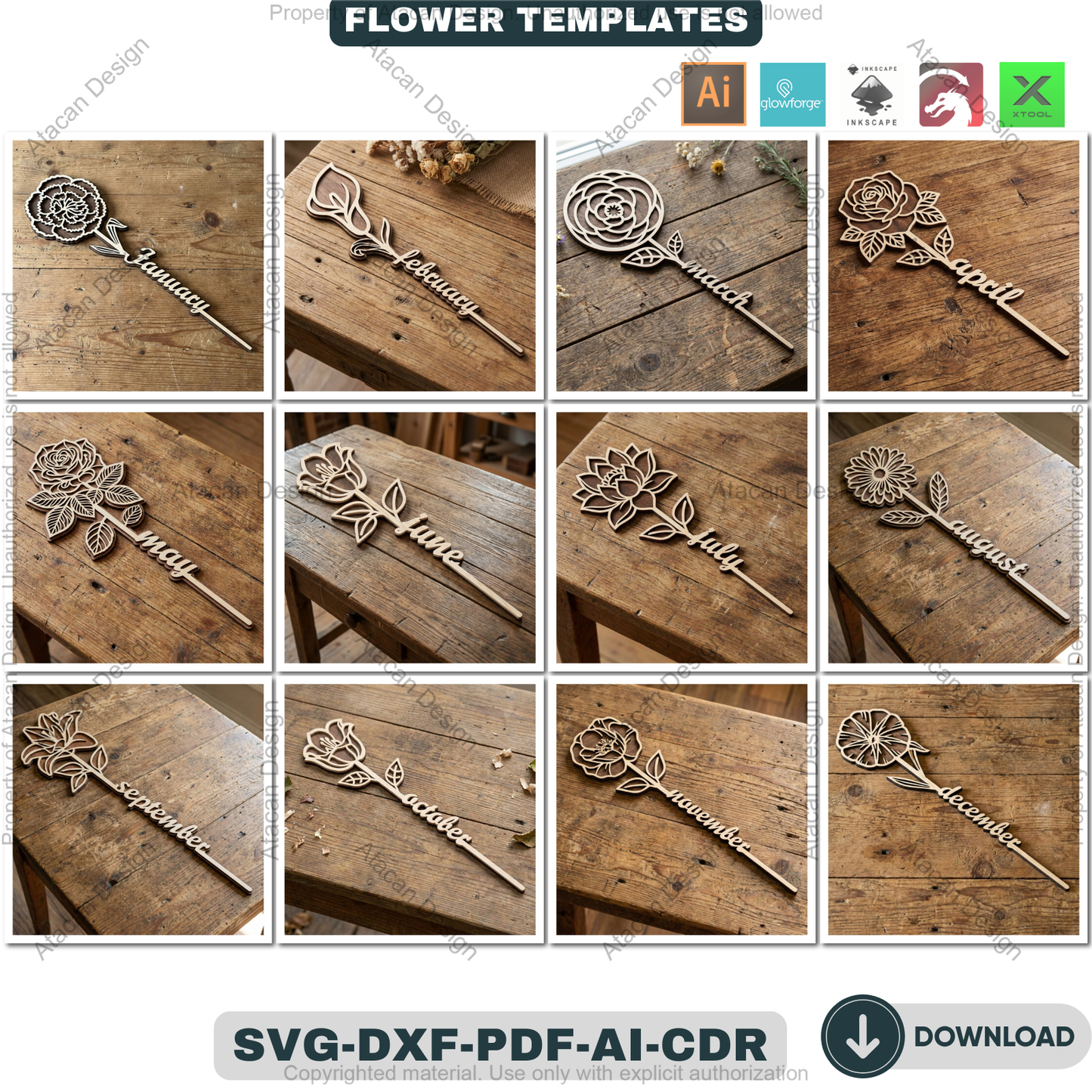 Birth Month Flower Laser Cut Bundle Wooden Floral Stakes Bouquet Topper Designs Personalised Mother Day Gift Laser Ready Templates 932