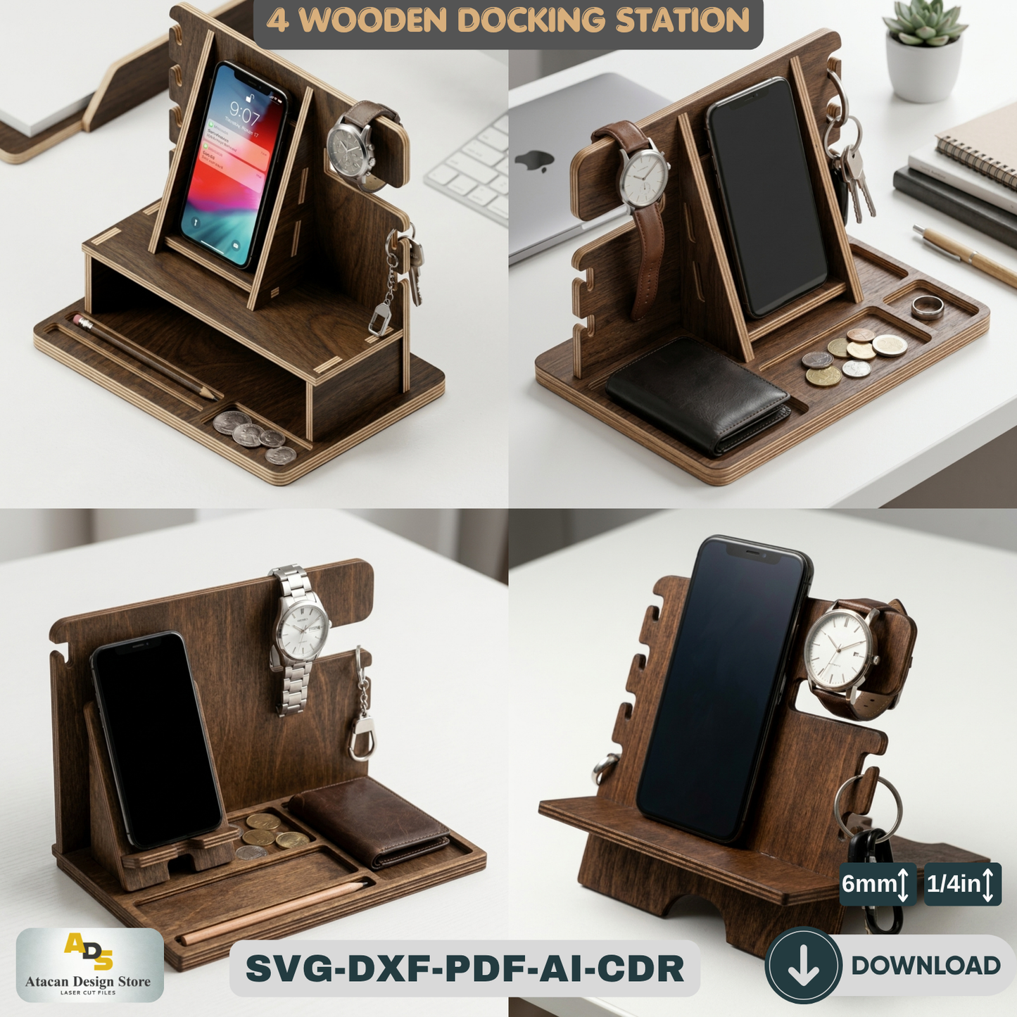 Wood Docking Station / Desk Organizer Phone Stand / Watch Holder / Father's Day Gift 947