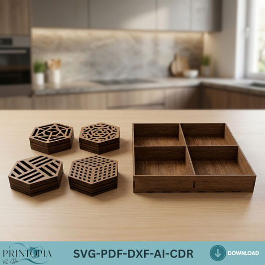 Geometric Laser Cut Coasters and Box Design Modern Wood Coaster Set Bundle