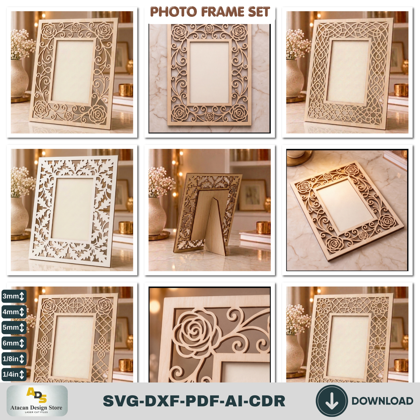 Laser Cut Photo Frame SVG Bundle – Floral Rustic Wood Home Decor Template