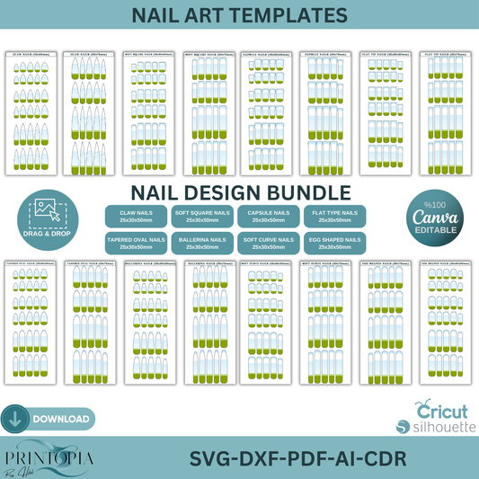 Nail Sizing & Design Template Bundle for Press On Nails, Editable Canva & SVG Decal Kit, Nail Tech Business Tool, All Shapes