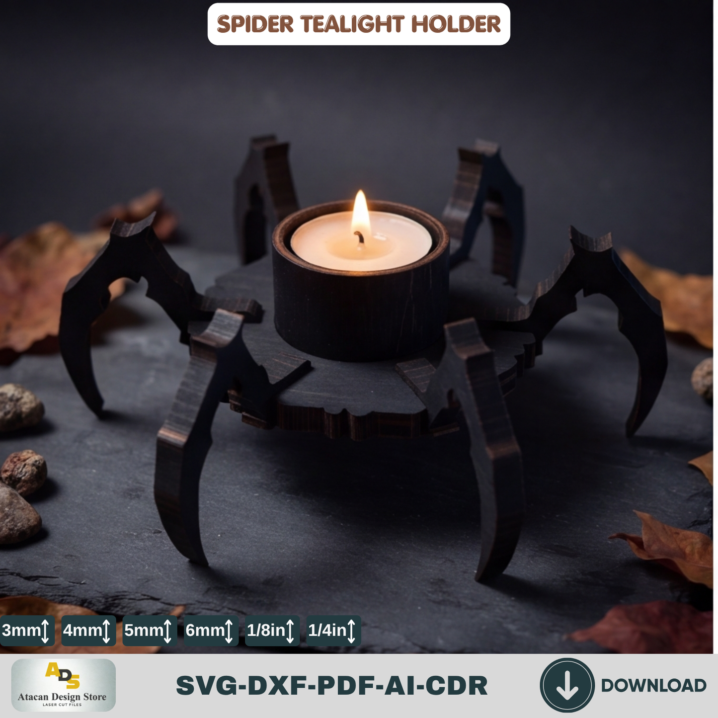 Spider Tealight Holder Halloween Candle Laser Cut Wood Template SVG File