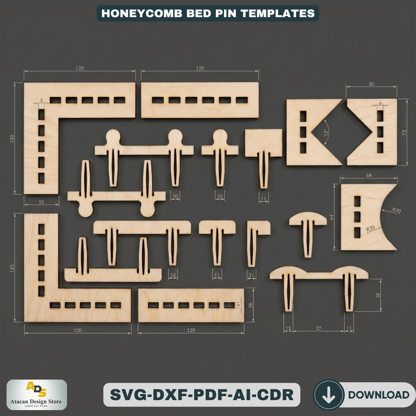 Honeycomb Bed Pin Templates / LaserCut Material Hold Down Pins / Bed Tray Pin Set 310