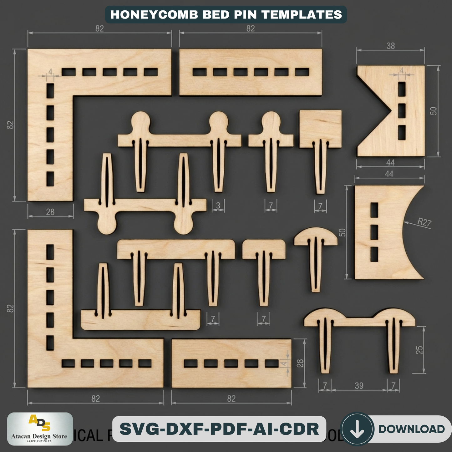 Honeycomb Bed Pin Templates / LaserCut Material Hold Down Pins / Bed Tray Pin Set 310