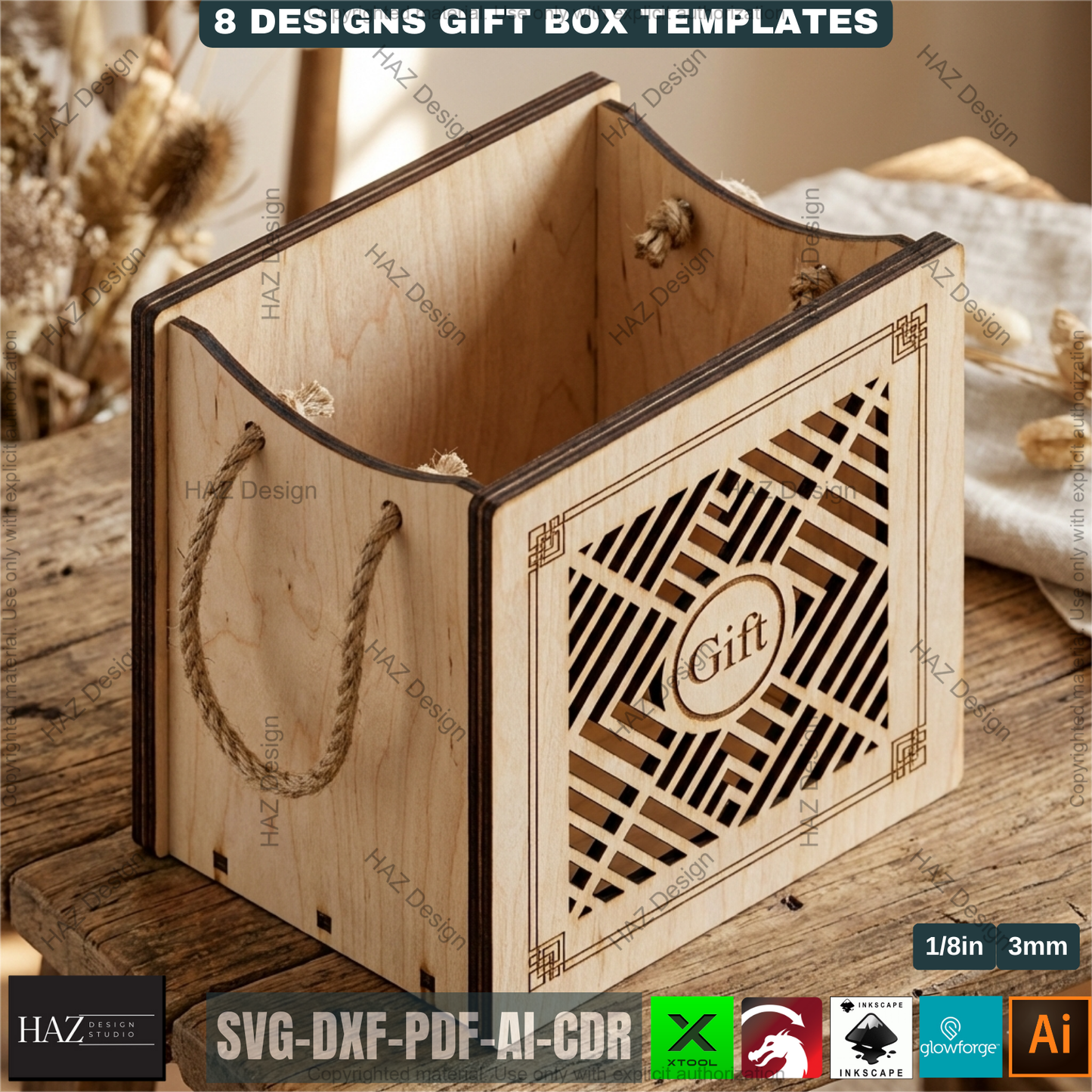 8 Laser Cut Gift Box Templates, Wooden Storage Crate Pattern, Decorative Plywood Basket, DIY Wedding Hamper, Laser Ready Cut Files 511