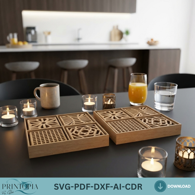 Geometric Laser Cut Coaster Set with Storage Box Patterned Wood Coaster Designs