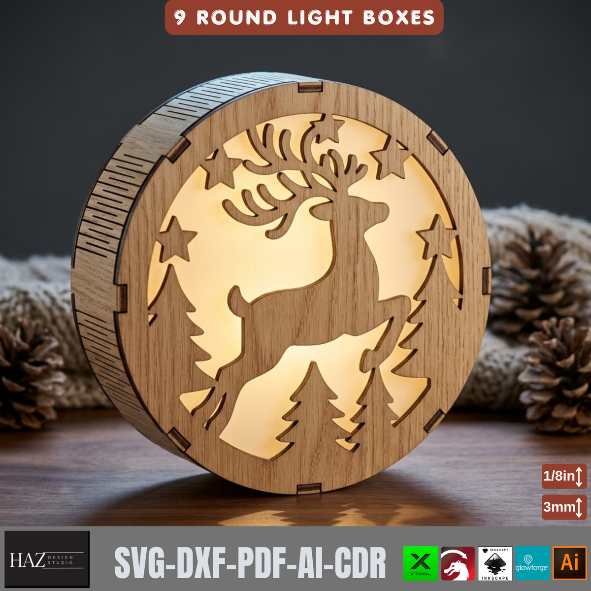 9 Round Christmas Light Box SVG Laser Cut Files – Tealight Holiday Decor