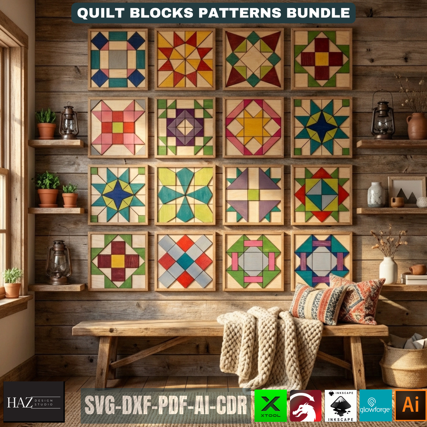 Geometric Wood Quilt Block Pattern, Modern Mosaic Wall Art Template, DIY Farmhouse Decor Sign 518