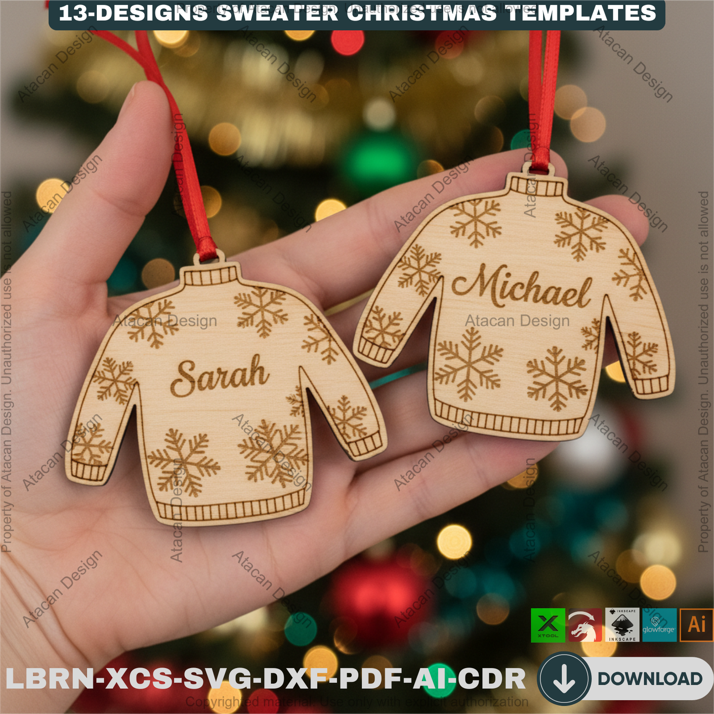 Personalized Sweater Christmas Ornament Bundle | 13 Holiday Designs | Laser Cut Template Set for DIY Xmas Gifts 918
