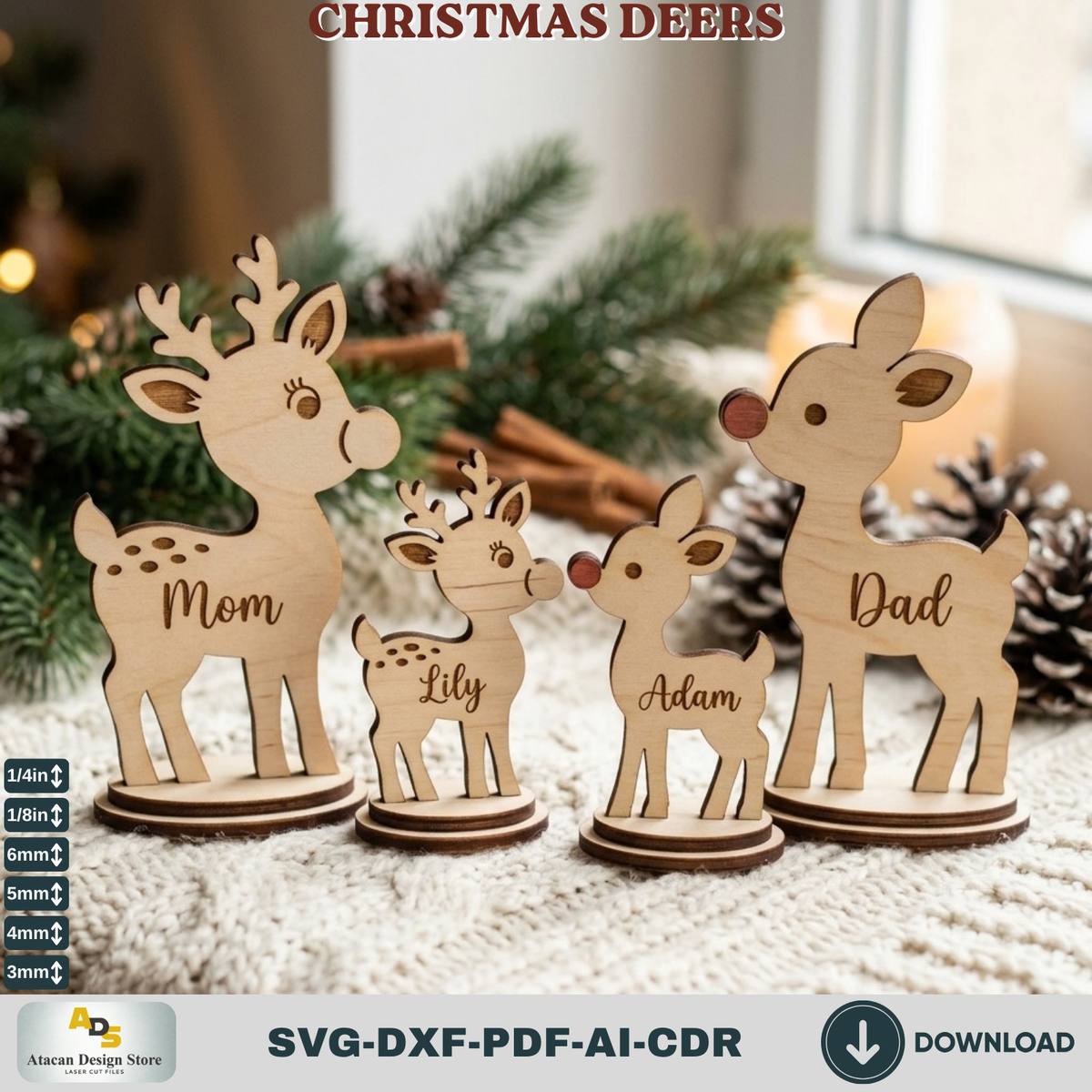 Personalized Reindeer Family Laser Cut Holiday Shelf Decor - Mom Dad Kids Sizes
