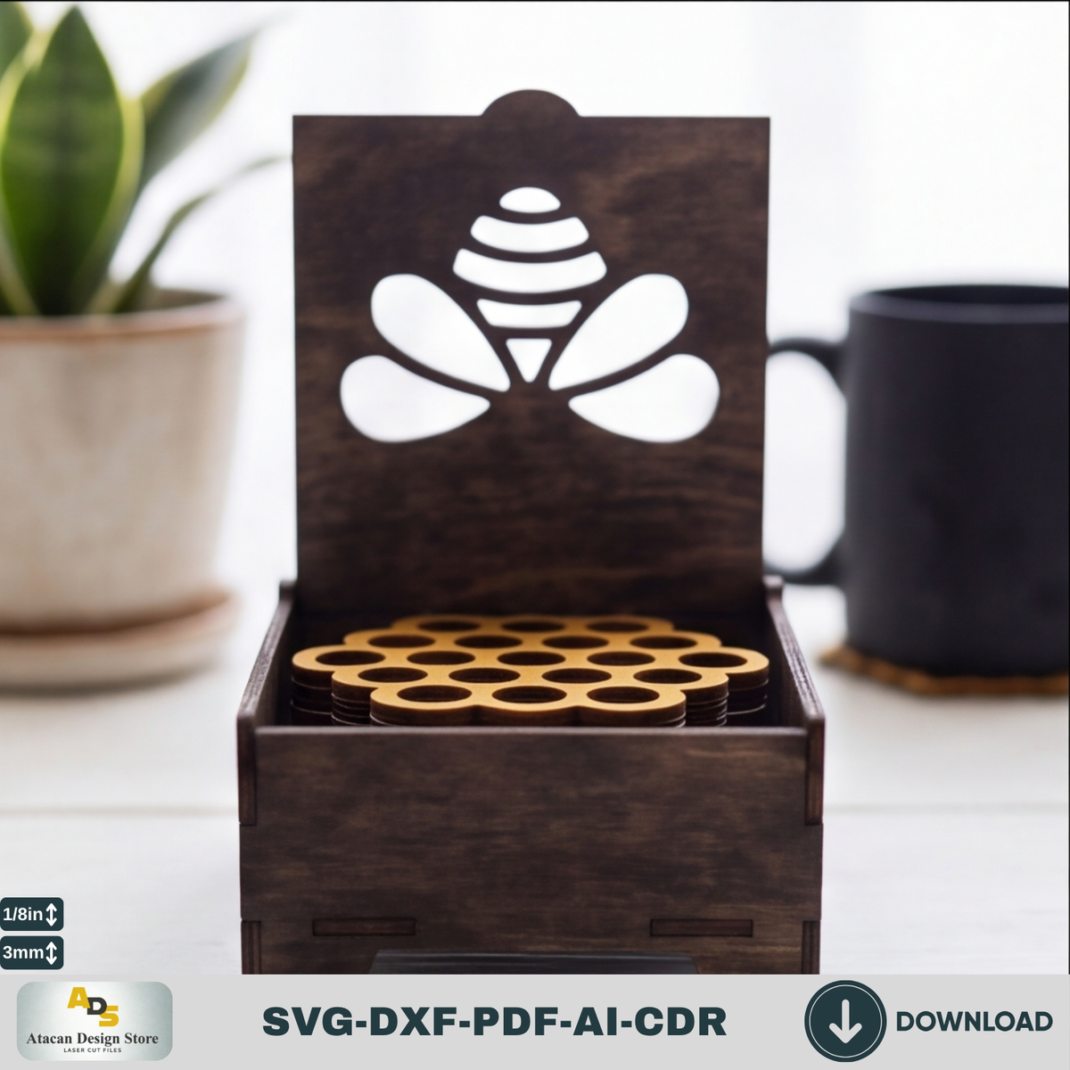 Honey Bee Coaster Set with Box SVG, Hexagon Honeycomb Coasters, Coaster Holder 305