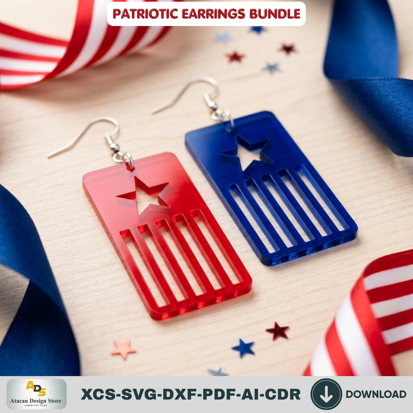 Patriotic Earring Laser Cut Template, USA Flag Star Jewelry Pattern, Independence Day Gift