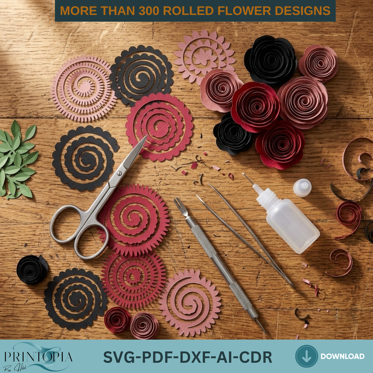300+ Rolled Flower Bundle, 3D Paper Rose, DIY Craft Template, Instant Download