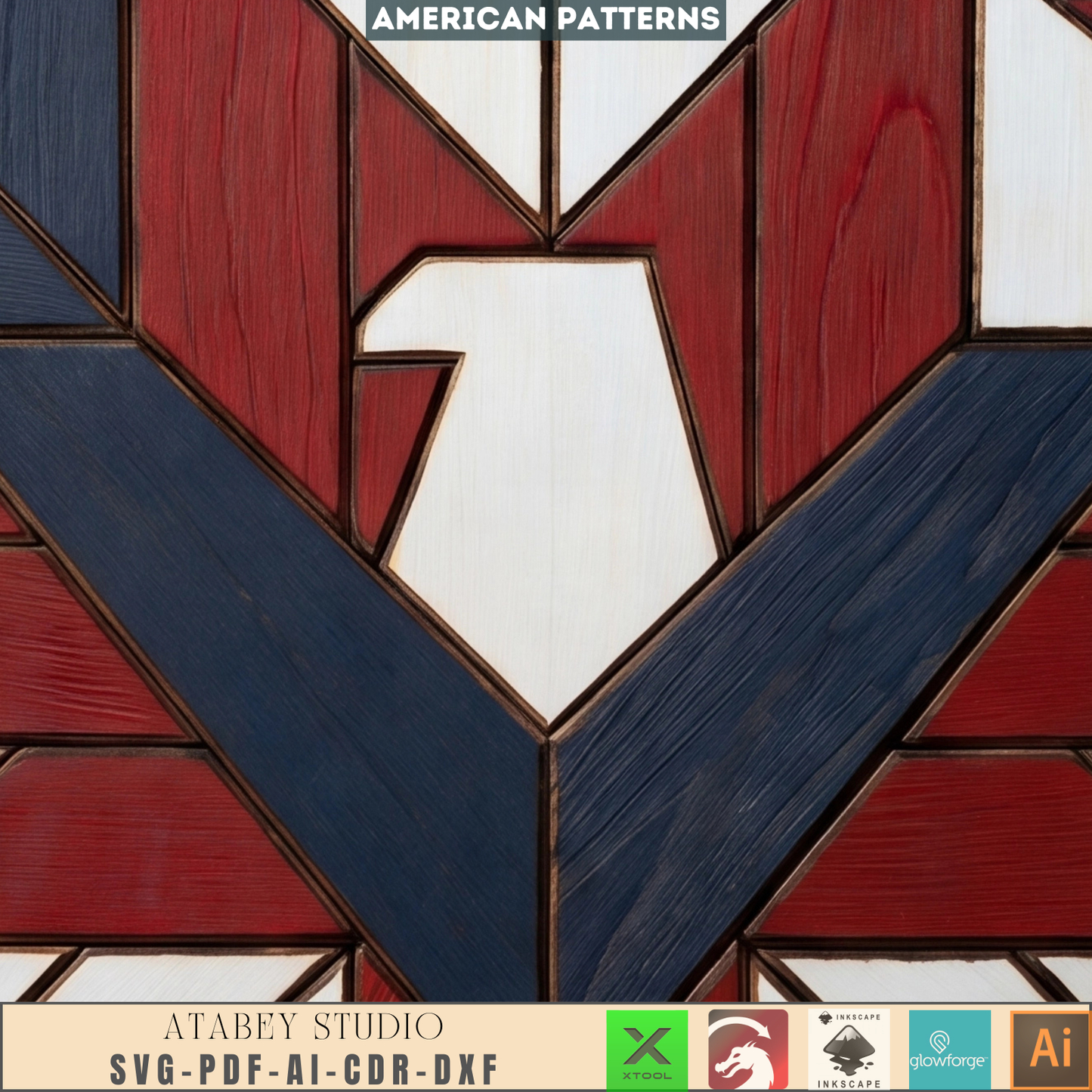 American Eagle Wood Barn Quilt Pattern Patriotic Sign Geometric Hawk Shield Intarsia Wall Art