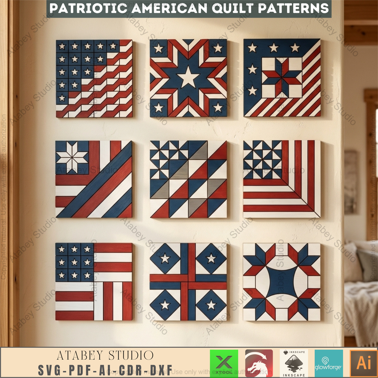 Patriotic Americana Barn Quilt Wood Laser Cut Pattern Fourth of July Wall Art Independence Day USA Star 996