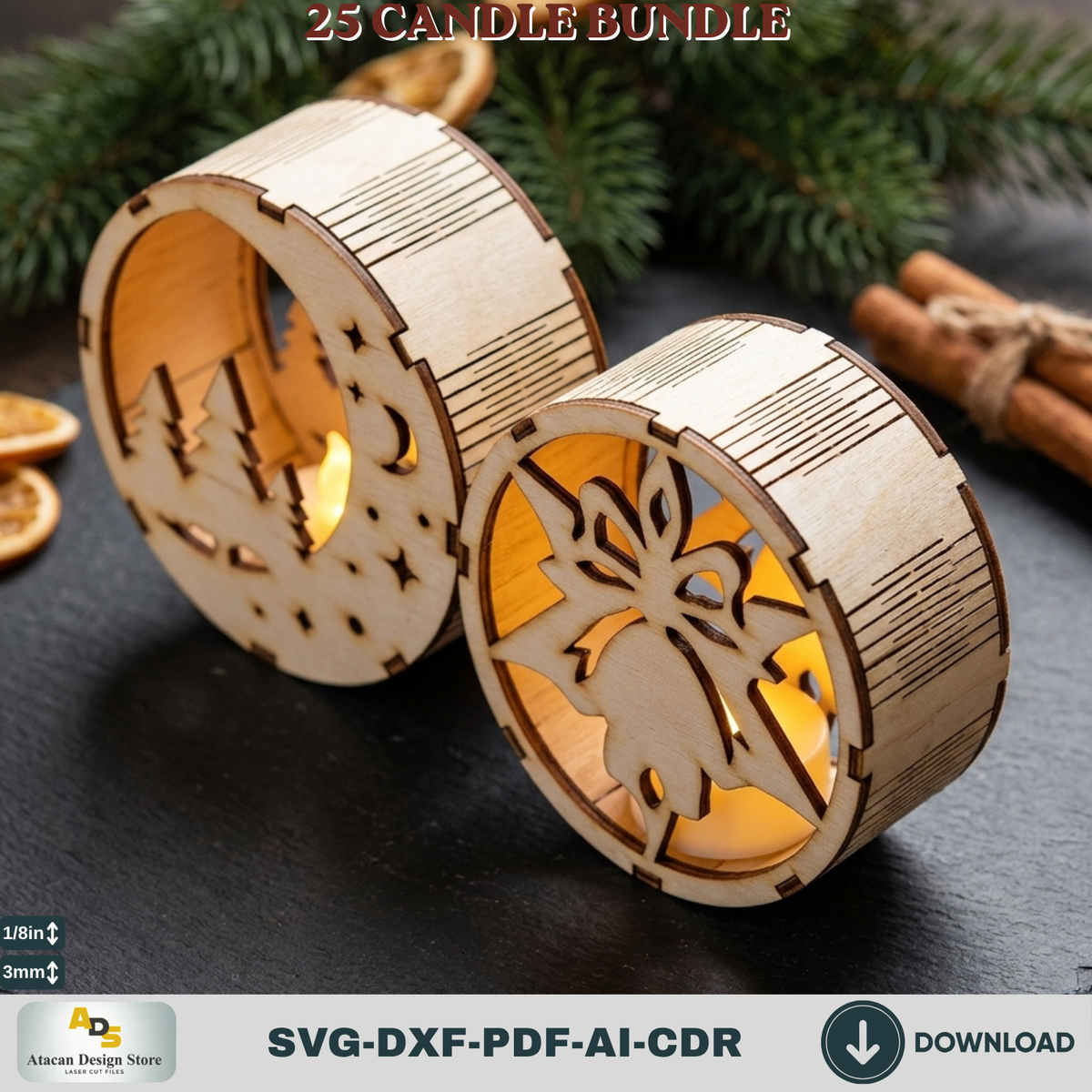 Christmas Tealight Candle Holder Bundle, 25 Laser Cut Round Lantern Templates, Xmas Glowforge Decor